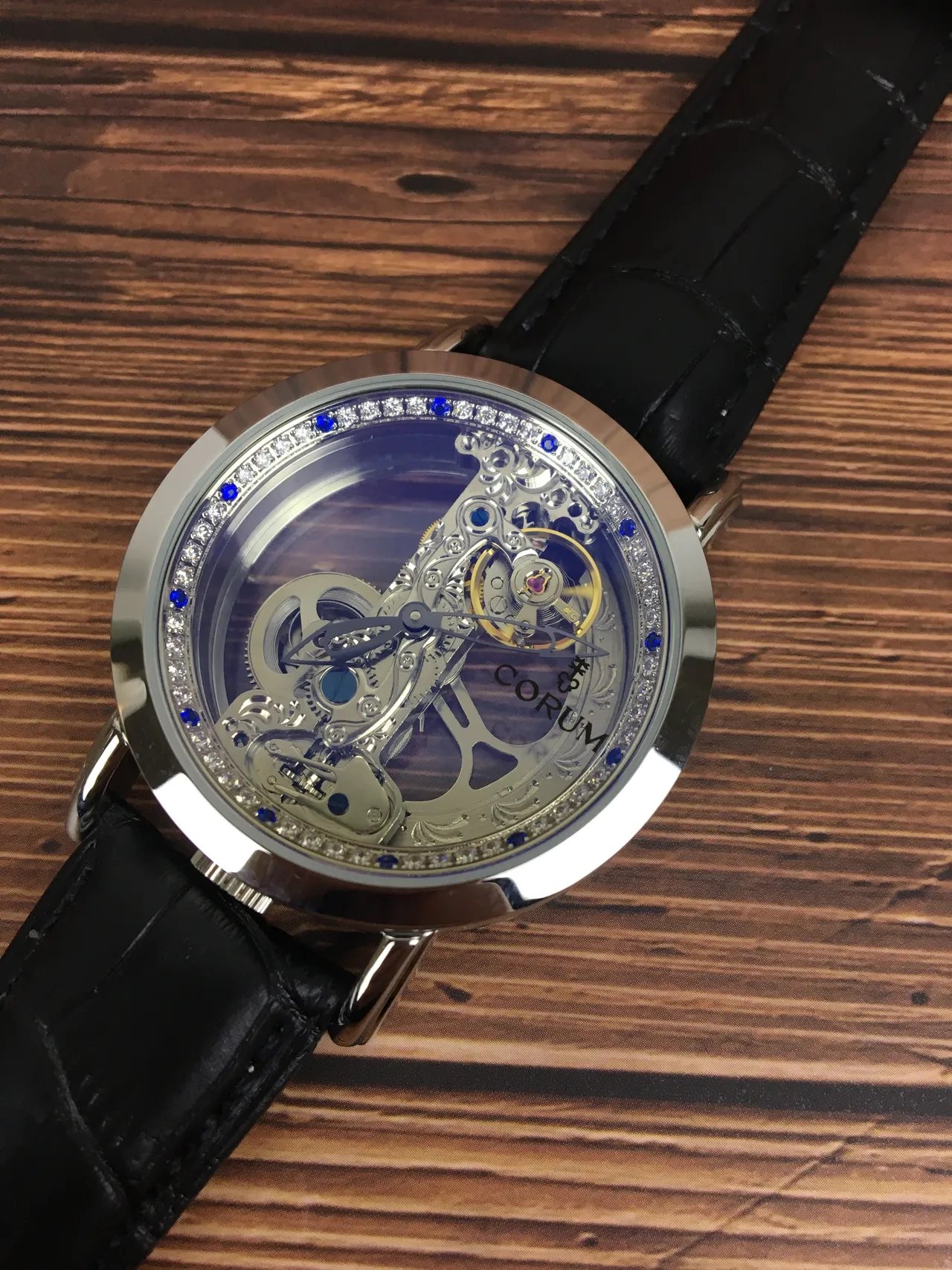 Corum Black Silver Skeletonized Gem-Set Bezel Mechanical Watch 4