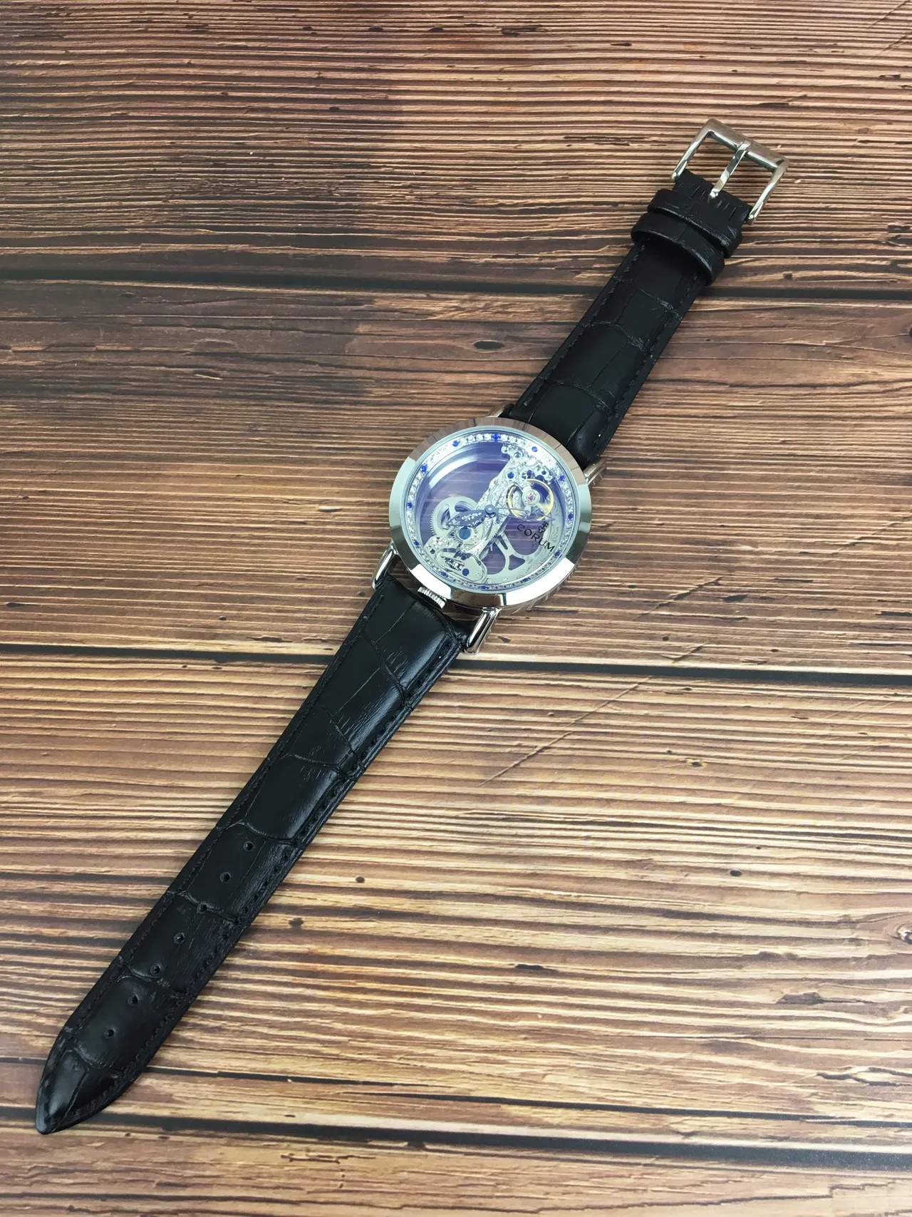 Corum Black Silver Skeletonized Gem-Set Bezel Mechanical Watch 9