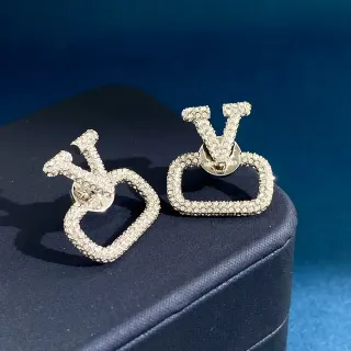 Crystal-Encrusted Geometric V and Heart Stud Earrings