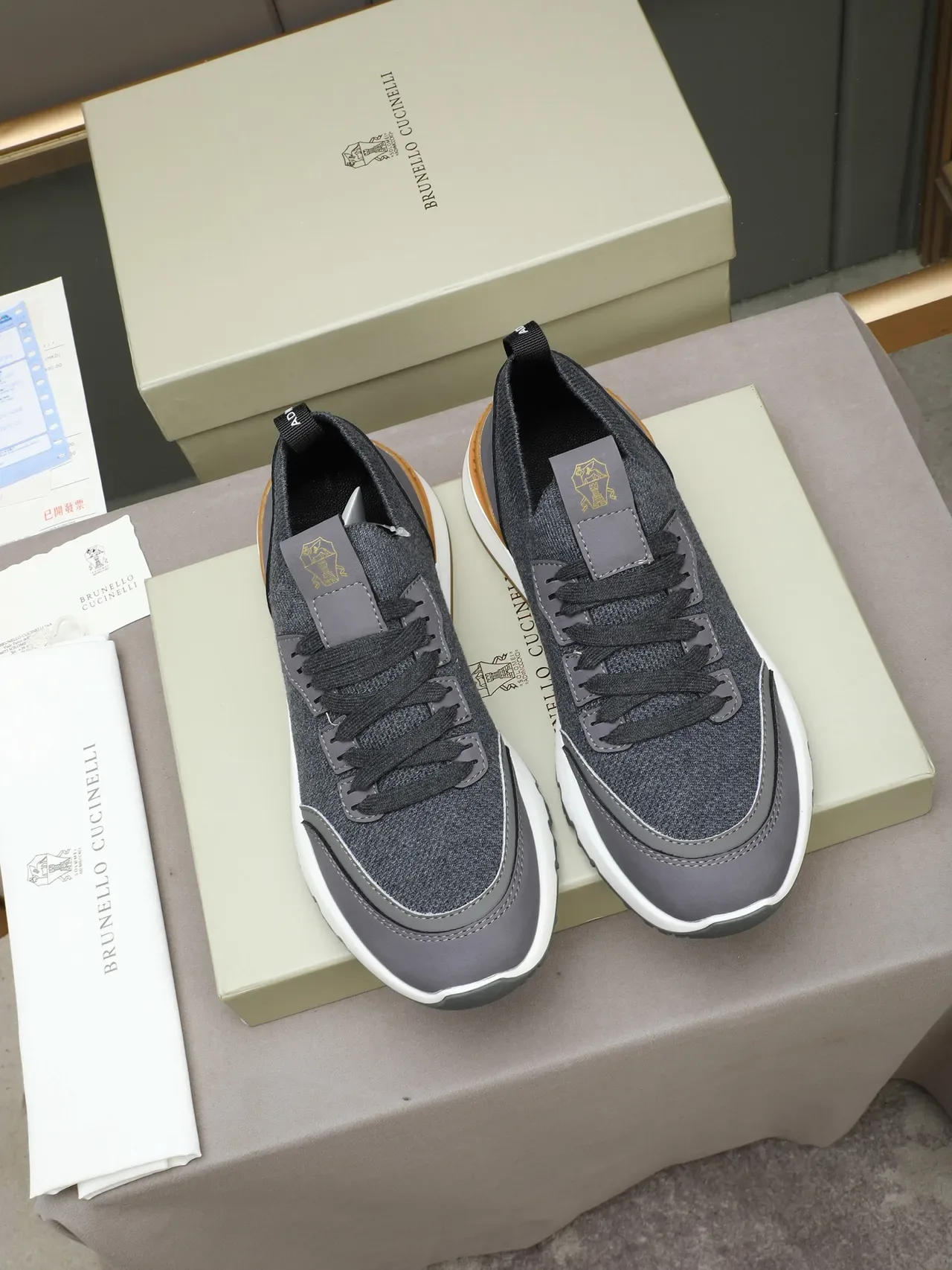 Cucinelli Gray Knit and Leather Lifestyle Sneaker 3