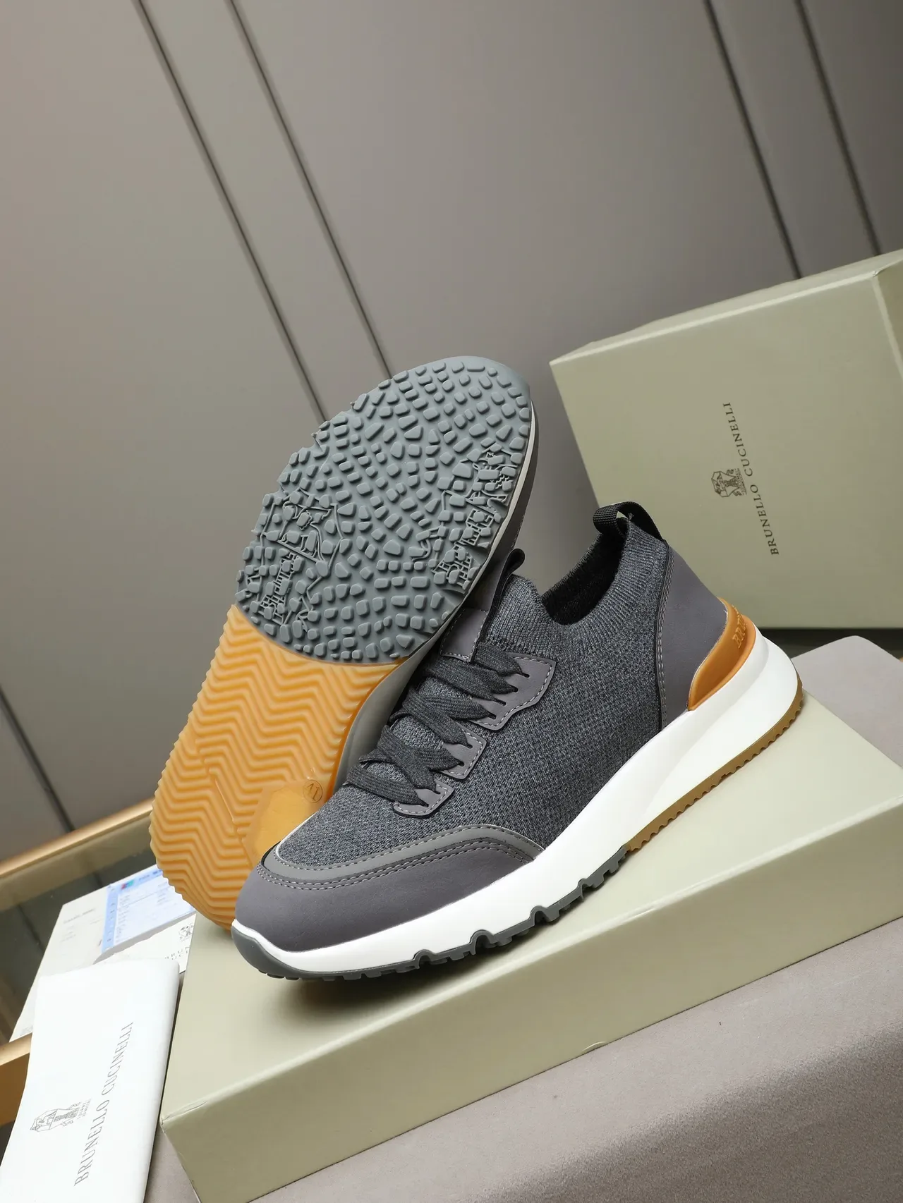 Cucinelli Gray Knit and Leather Lifestyle Sneaker 4