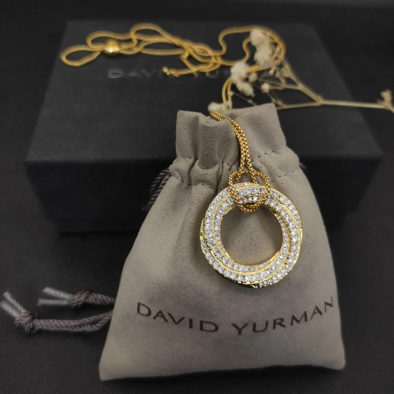 David Yurman Albion Gold Silver Interlocking Triple Rings Pavé-Set Clear Stones Necklace 3
