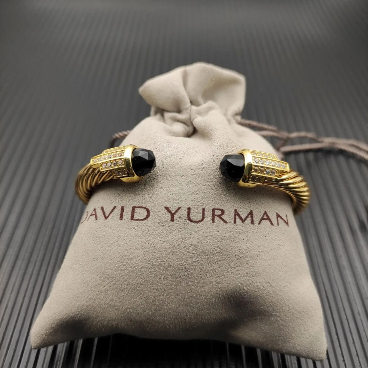 David Yurman Cable Classic Gold Black Twisted Faceted Stone Terminals Bracelet 7