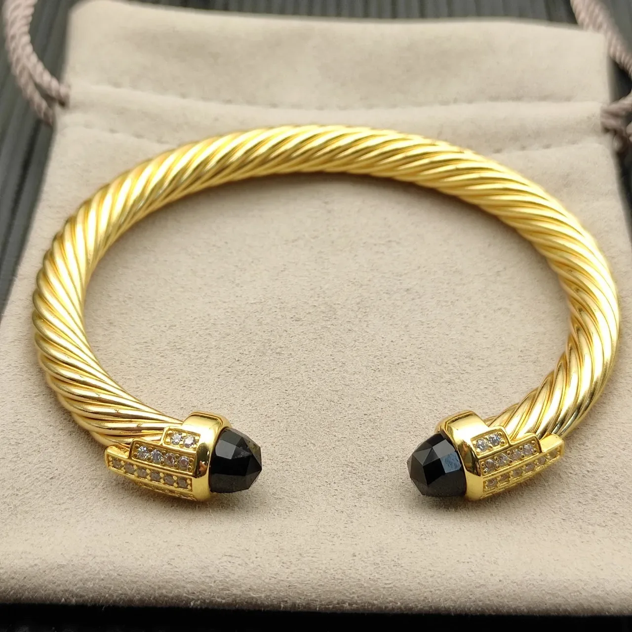 David Yurman Cable Classic Gold Black Twisted Faceted Stone Terminals Bracelet 8