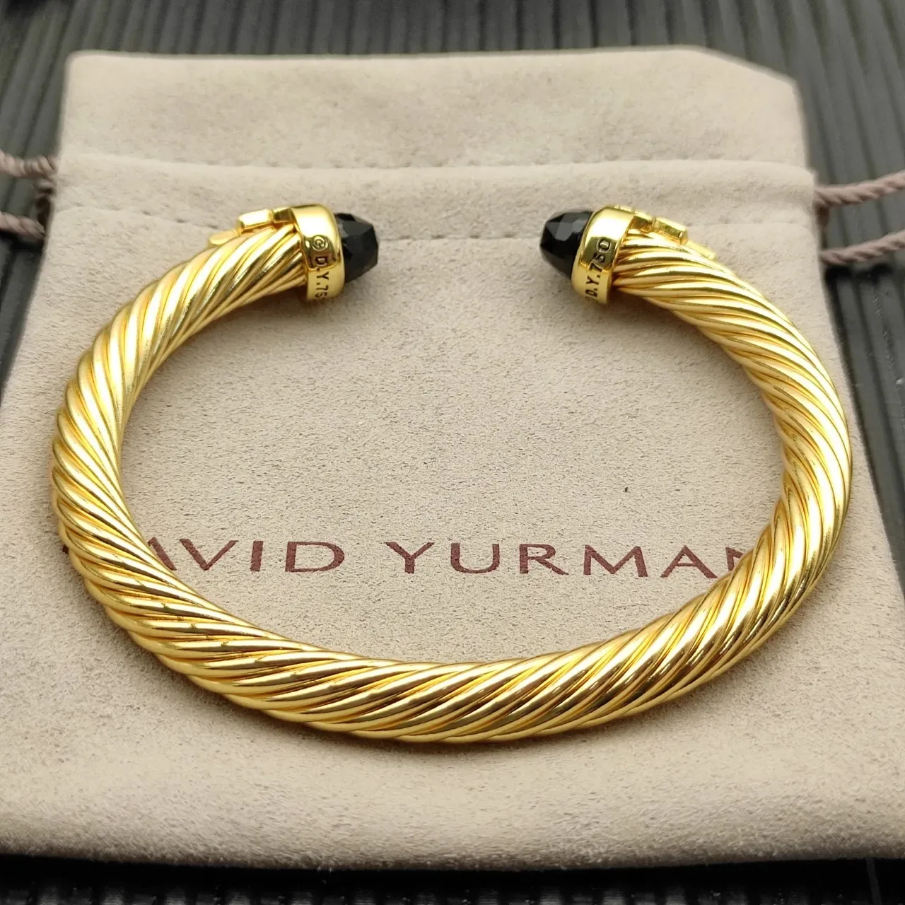 David Yurman Cable Classic Gold Black Twisted Faceted Stone Terminals Bracelet 9