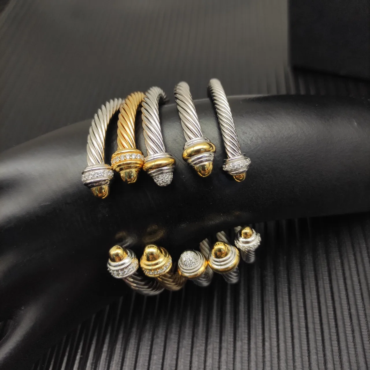 David Yurman Cable Classic Gold Silver Twisted Pavé-Diamond End Caps Bracelet 3