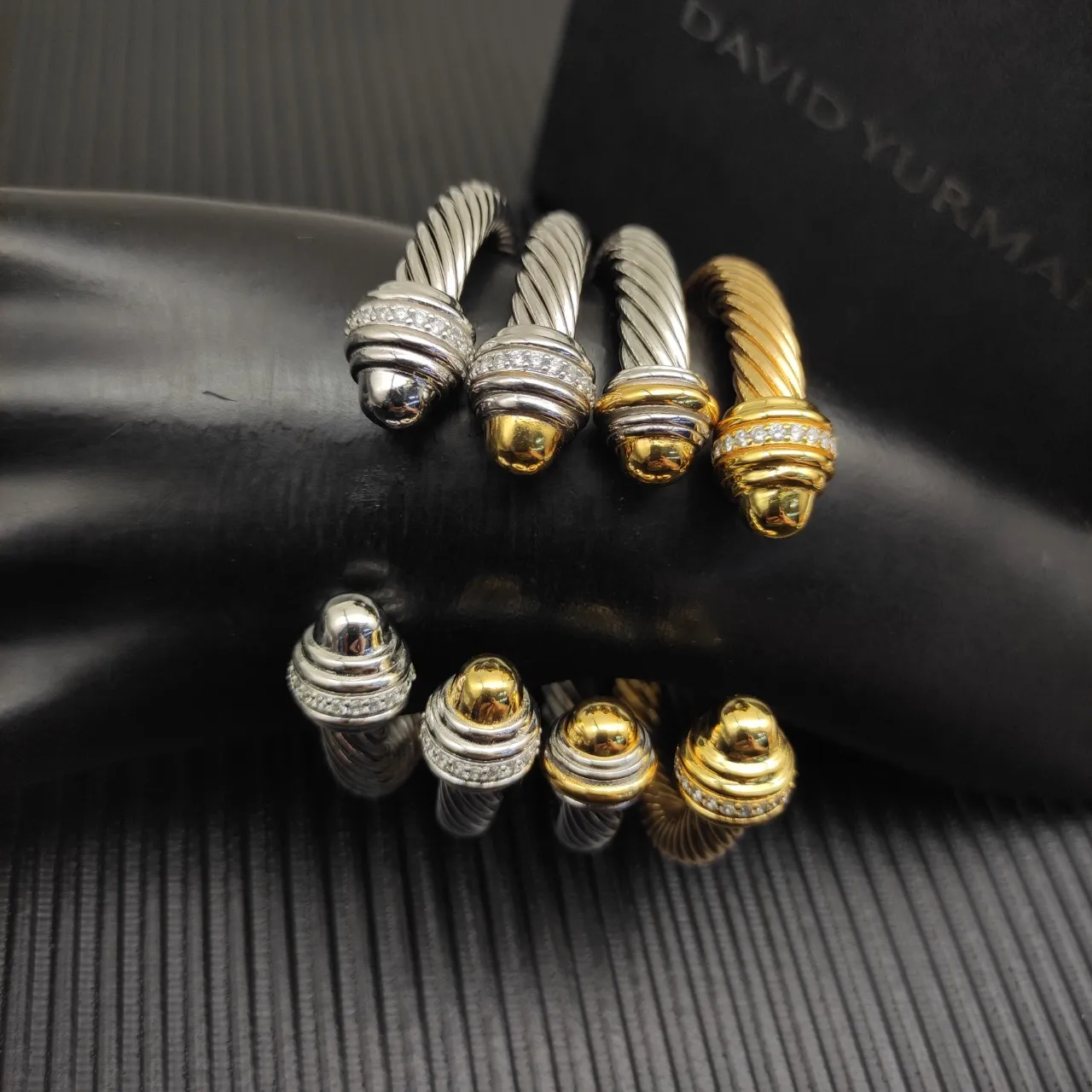 David Yurman Cable Classic Gold Silver Twisted Pavé-Diamond End Caps Bracelet 4