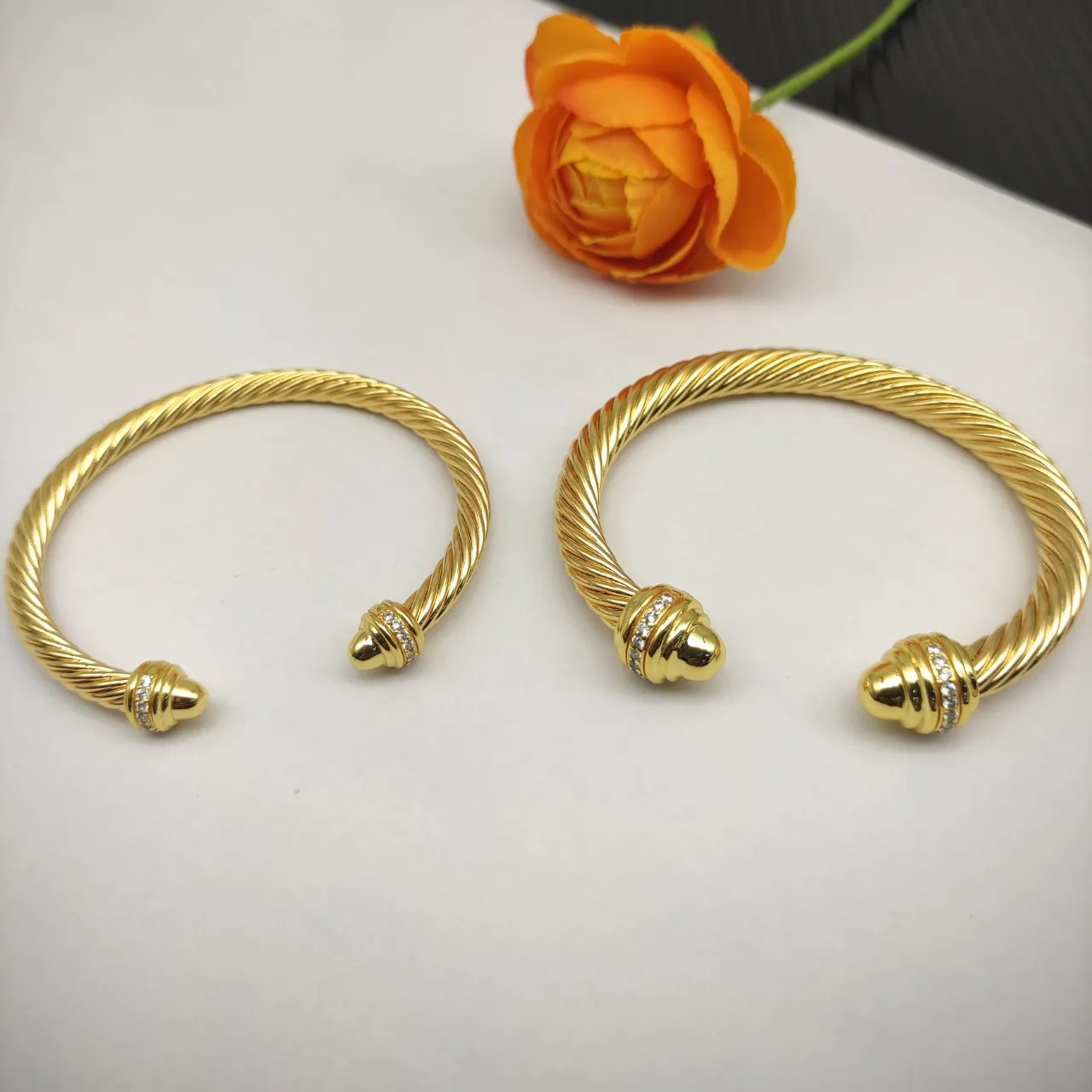 David Yurman Cable Classic Gold Silver Twisted Pavé-Diamond End Caps Bracelet 9