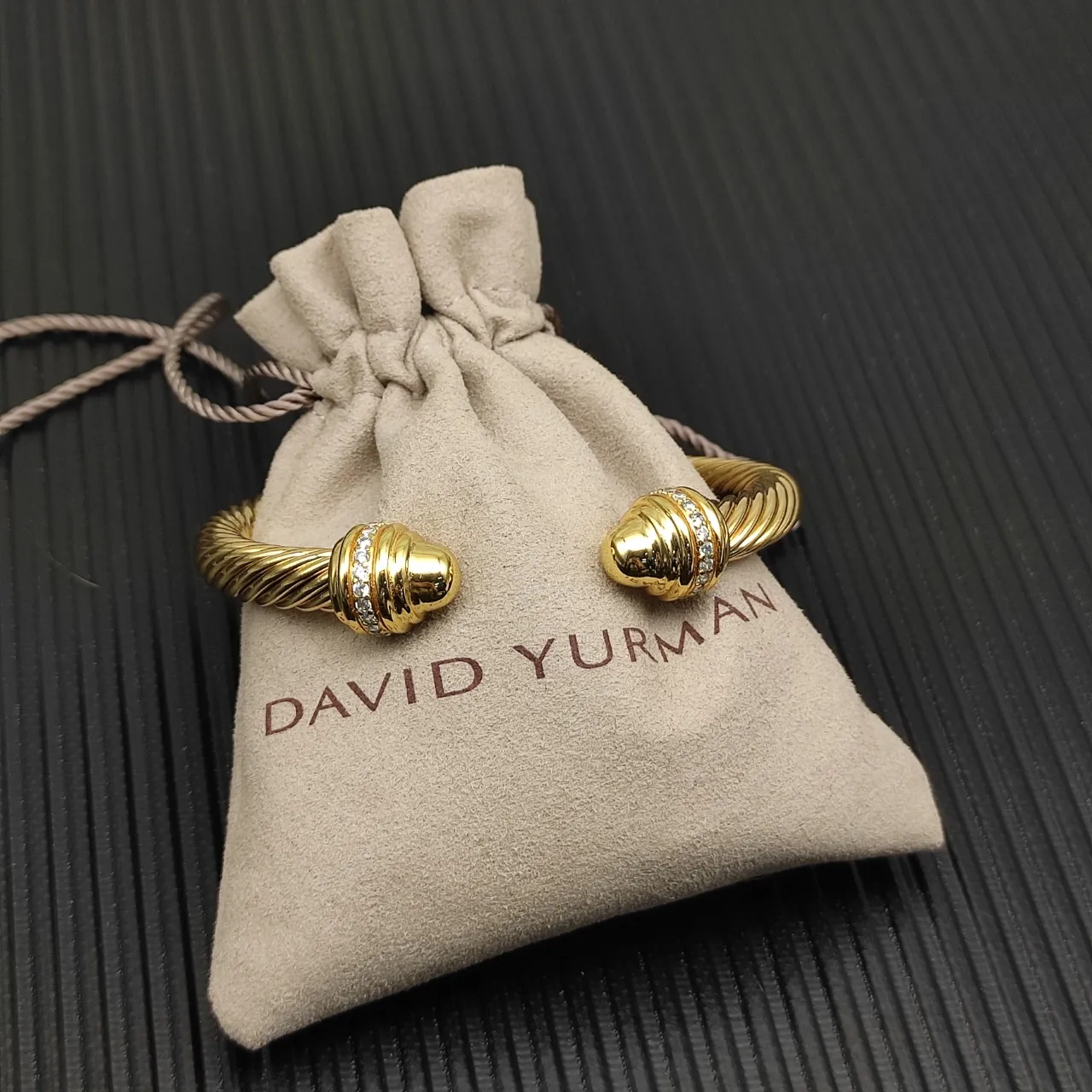 David Yurman Cable Classic Gold Silver Twisted Pavé-Diamond End Caps Bracelet 14