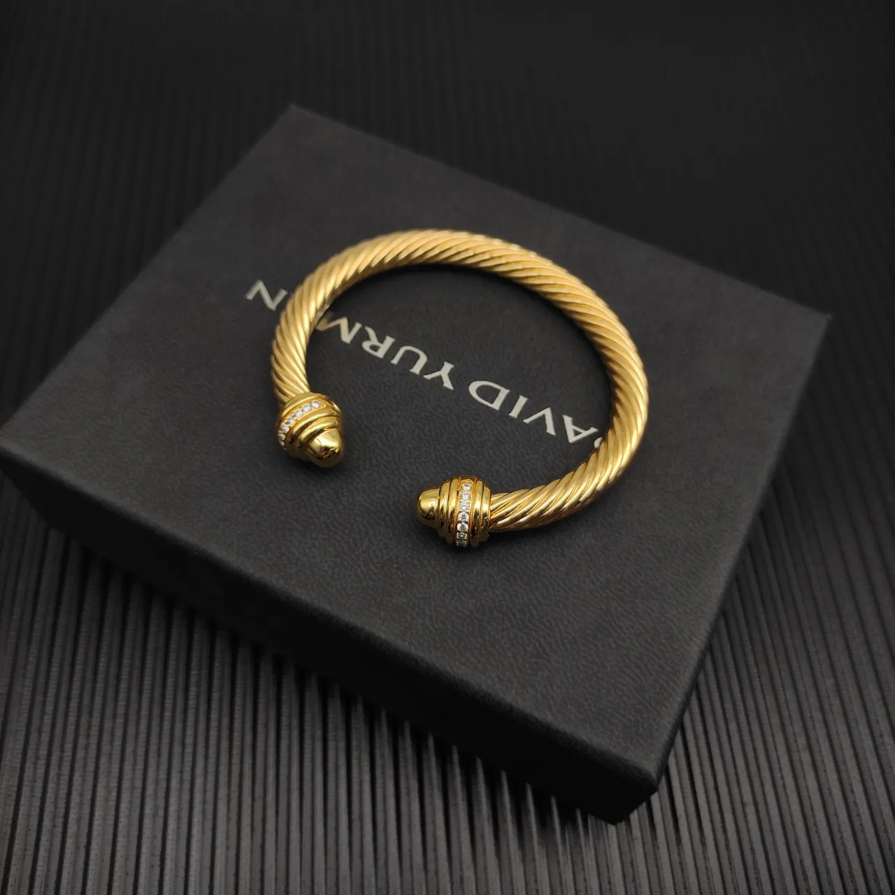 David Yurman Cable Classic Gold Silver Twisted Pavé-Diamond End Caps Bracelet 17