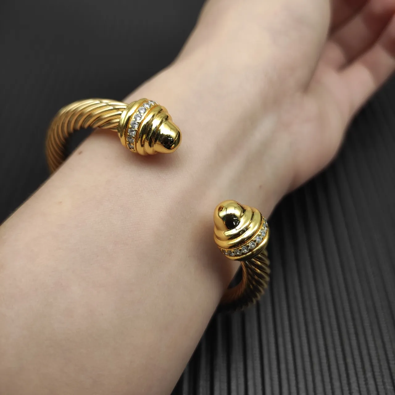 David Yurman Cable Classic Gold Silver Twisted Pavé-Diamond End Caps Bracelet 18