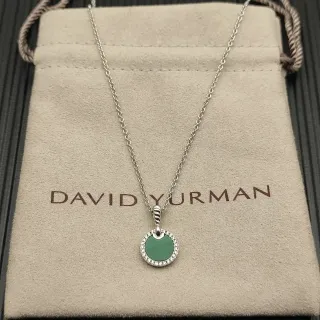 David Yurman Green Silver Circular Disc Pendant Pavé Diamond Halo Necklace