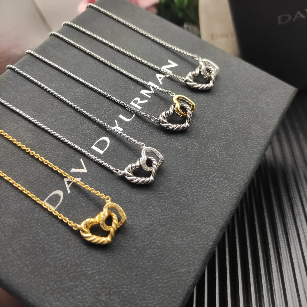 David Yurman Love Knot Silver Gold Twisted Cable Interlocking Hearts Necklace 3