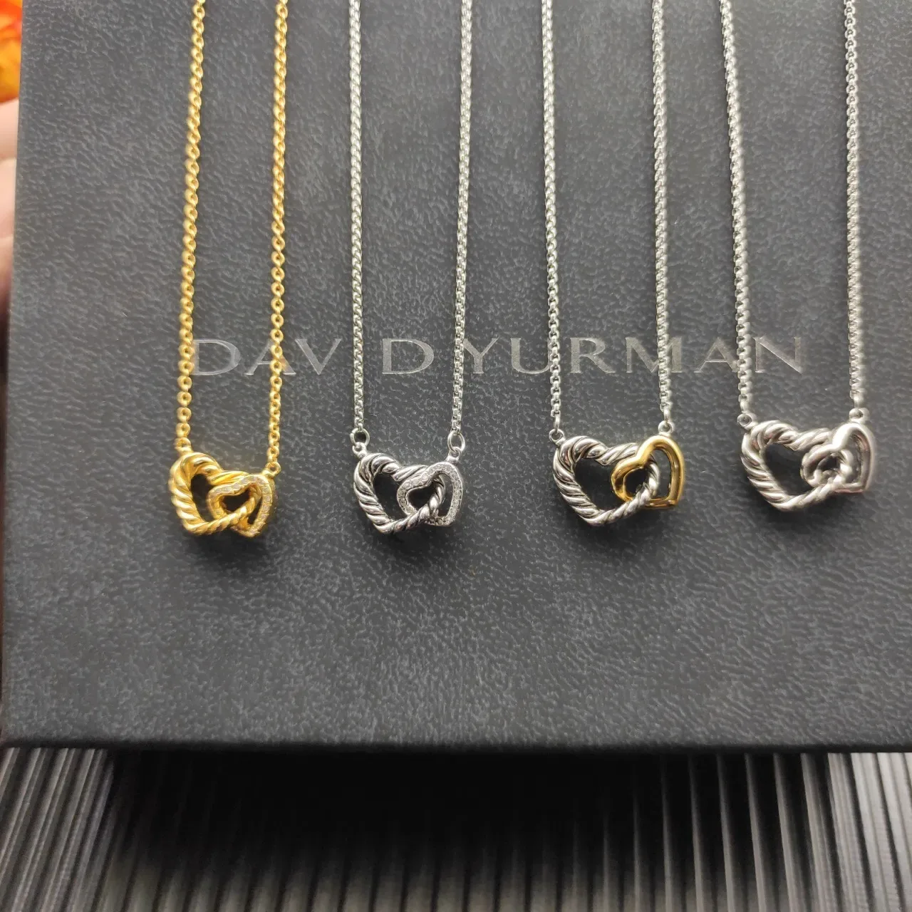 David Yurman Love Knot Silver Gold Twisted Cable Interlocking Hearts Necklace 5