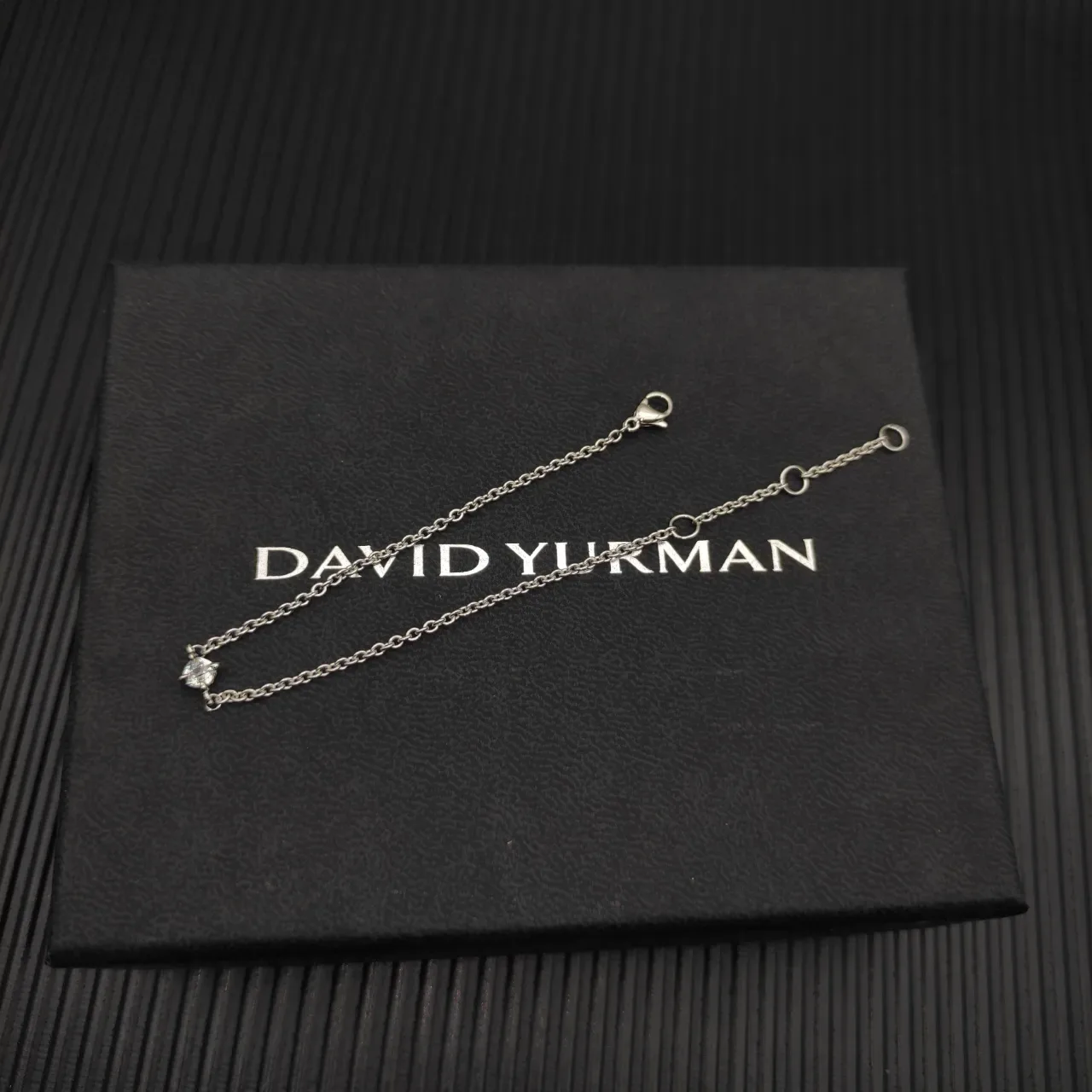 David Yurman Silver Beige Fine Chain Single Bezel-Set Clear Stone Bracelet 7