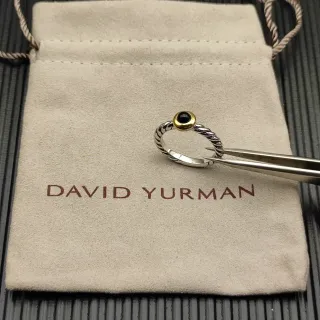 David Yurman Silver Gold Twisted Cable Band Bezel-Set Black Stone Ring