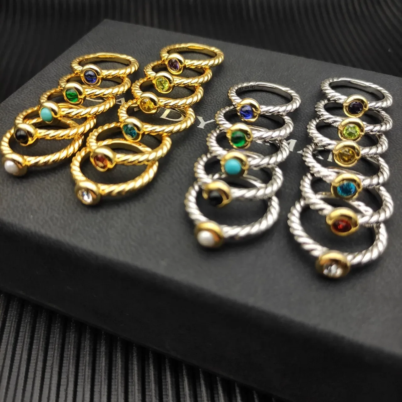 David Yurman Silver Gold Twisted Cable Band Bezel-Set Black Stone Ring 2