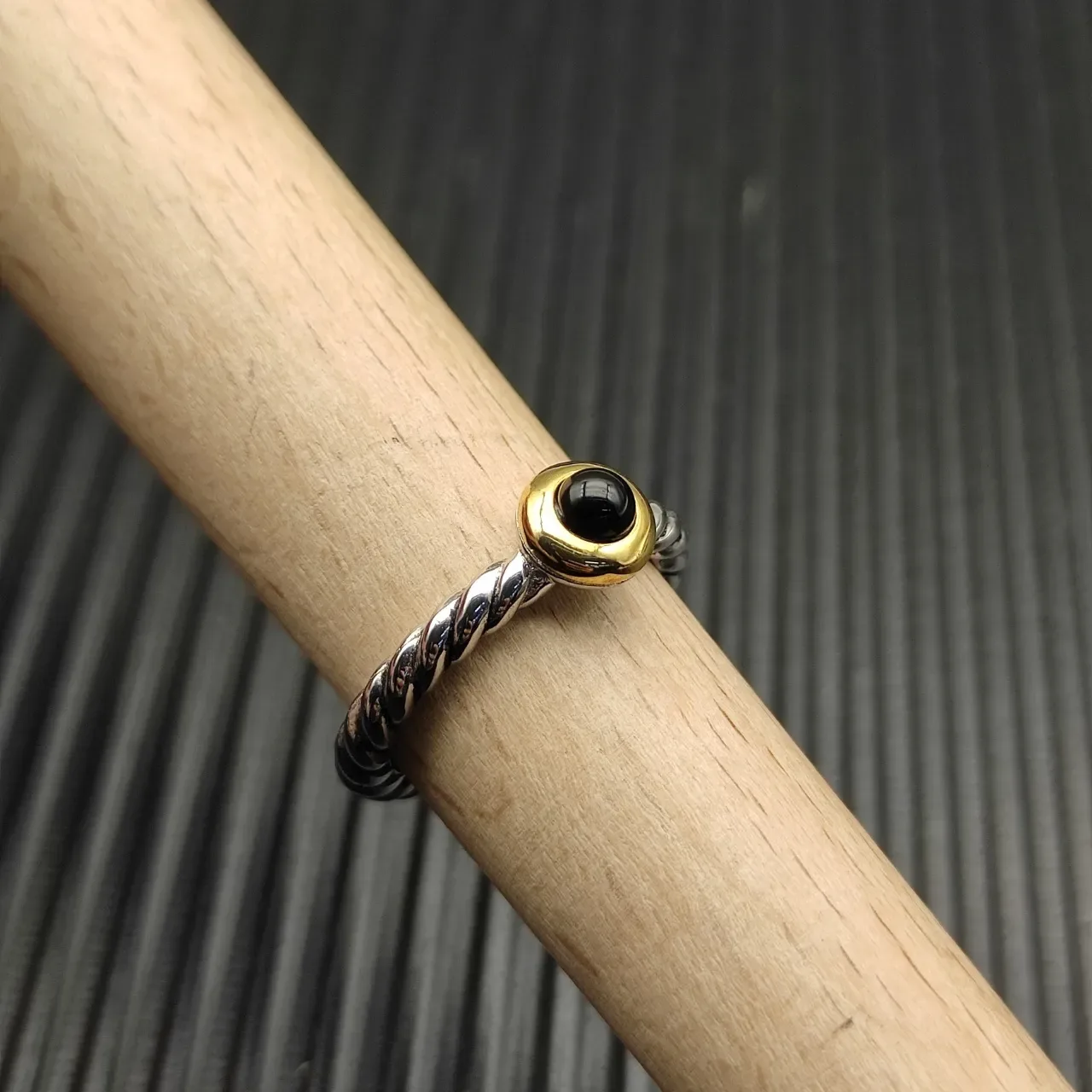 David Yurman Silver Gold Twisted Cable Band Bezel-Set Black Stone Ring 5