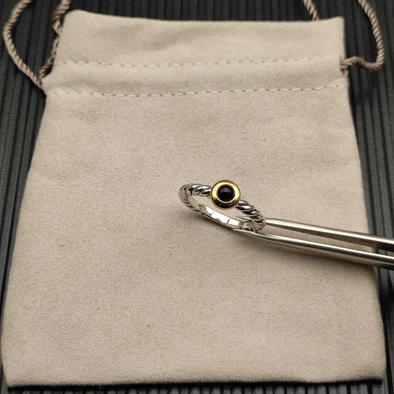 David Yurman Silver Gold Twisted Cable Band Bezel-Set Black Stone Ring 6