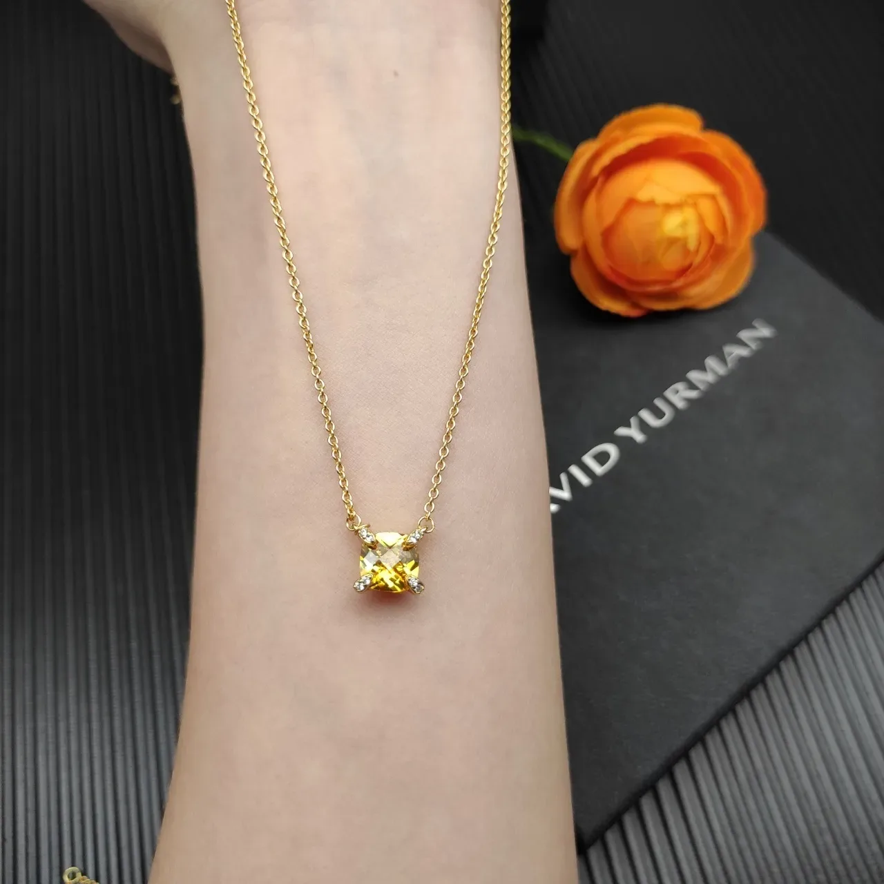 David Yurman Yellow Gold Chain Cushion-Cut Gemstone Necklace 4