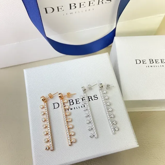De Beers Gold Silver Vertical Bar Drop Pavé-Set Diamonds Earrings 2