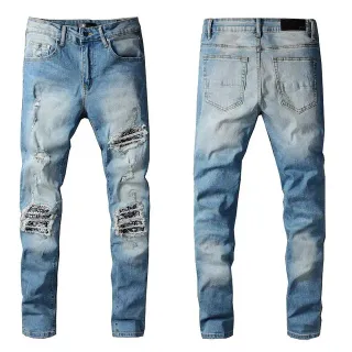 Distressed Slim-Fit Medium-Wash Blue Jeans