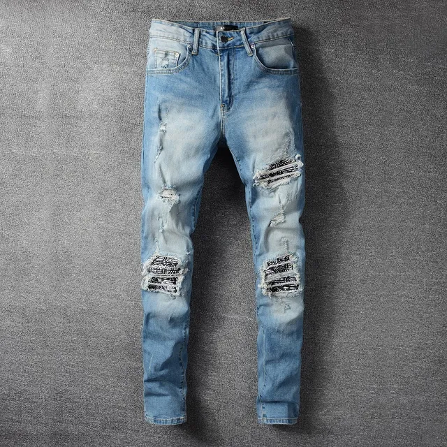 Distressed Slim-Fit Medium-Wash Blue Jeans 12