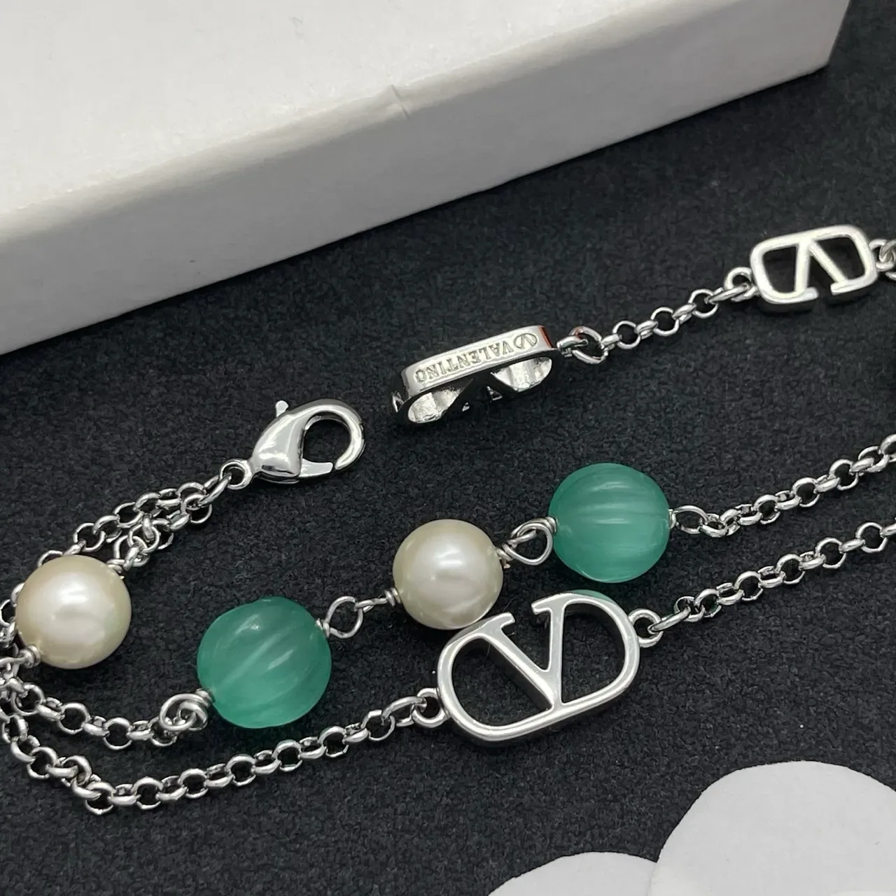 Double-Chain Pearl and Green Bead Charm Bracelet 3