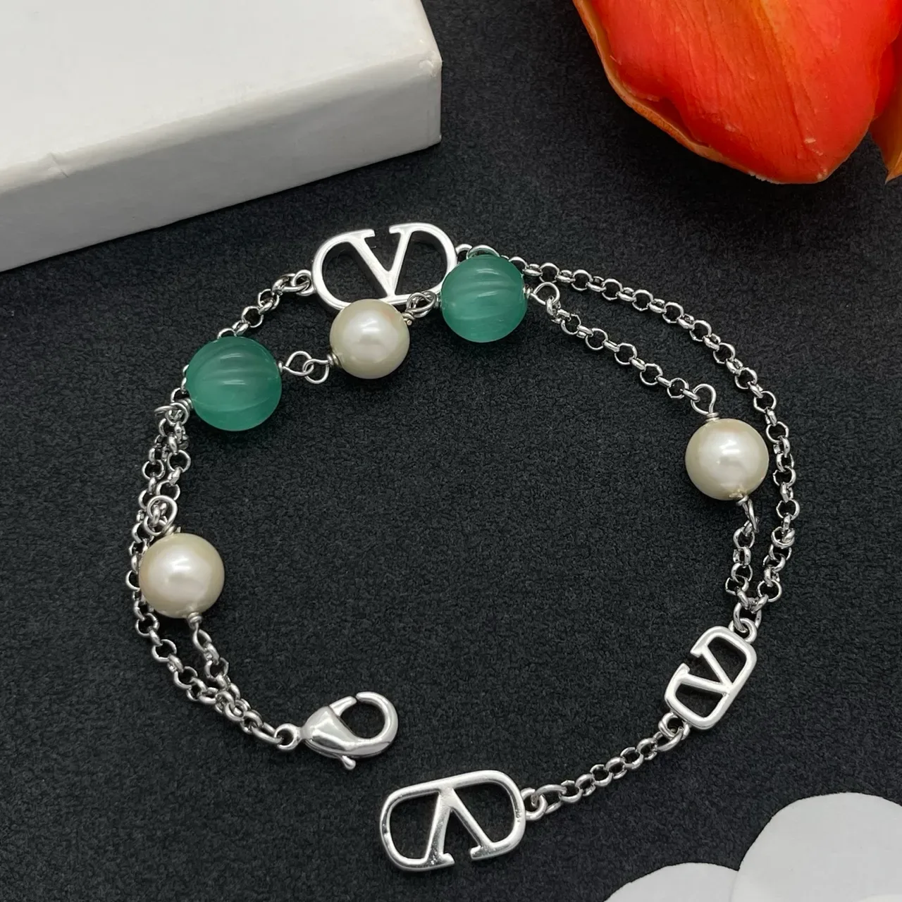 Double-Chain Pearl and Green Bead Charm Bracelet 4