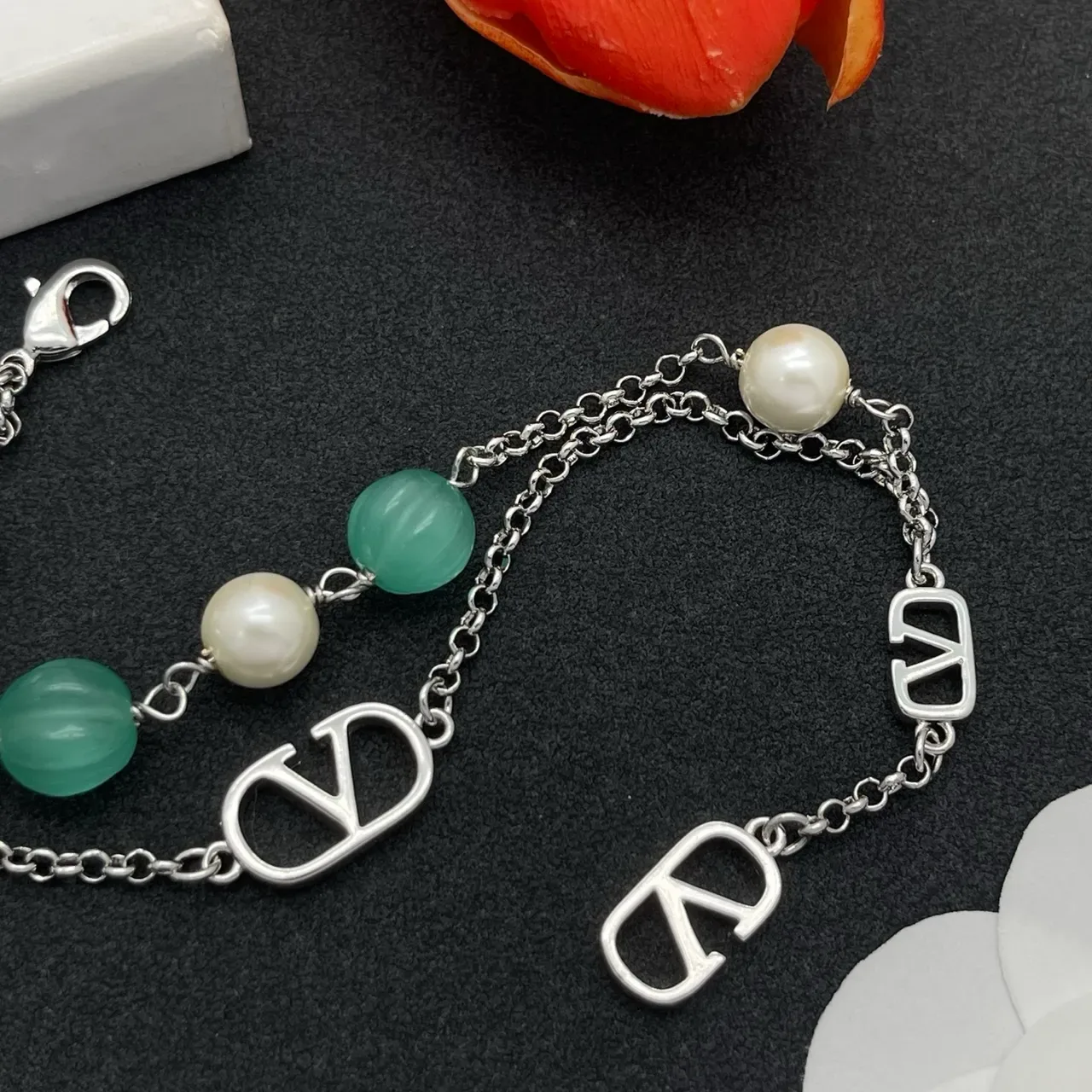 Double-Chain Pearl and Green Bead Charm Bracelet 5