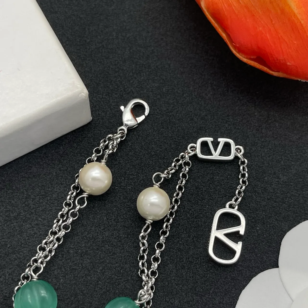 Double-Chain Pearl and Green Bead Charm Bracelet 6