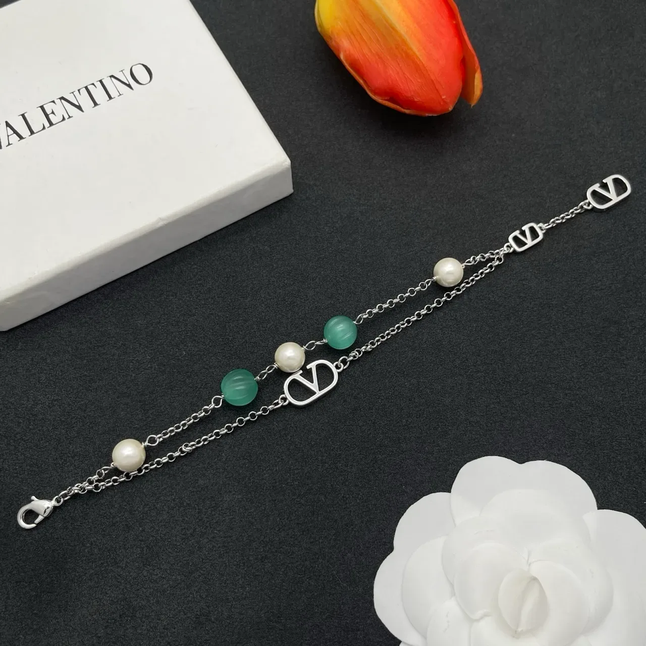 Double-Chain Pearl and Green Bead Charm Bracelet 8