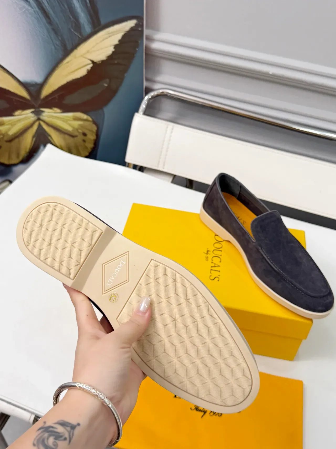 DOUCAI'S Gray Yellow Suede Upper Moc-Toe Stitching Loafer 2