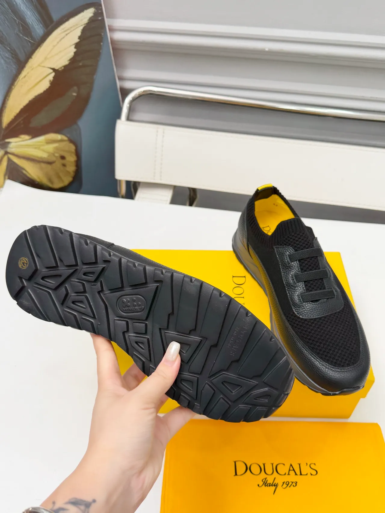 DOUCAL'S Black and Yellow Knit Collar Slip-On Lifestyle Sneakers 2