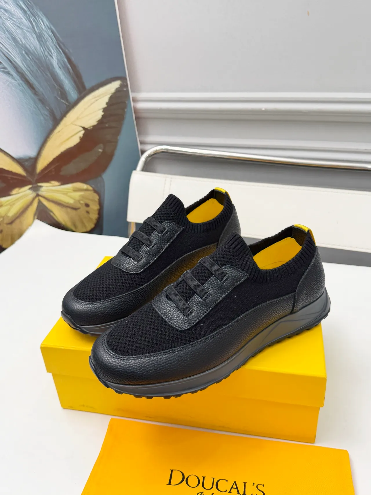 DOUCAL'S Black and Yellow Knit Collar Slip-On Lifestyle Sneakers 3