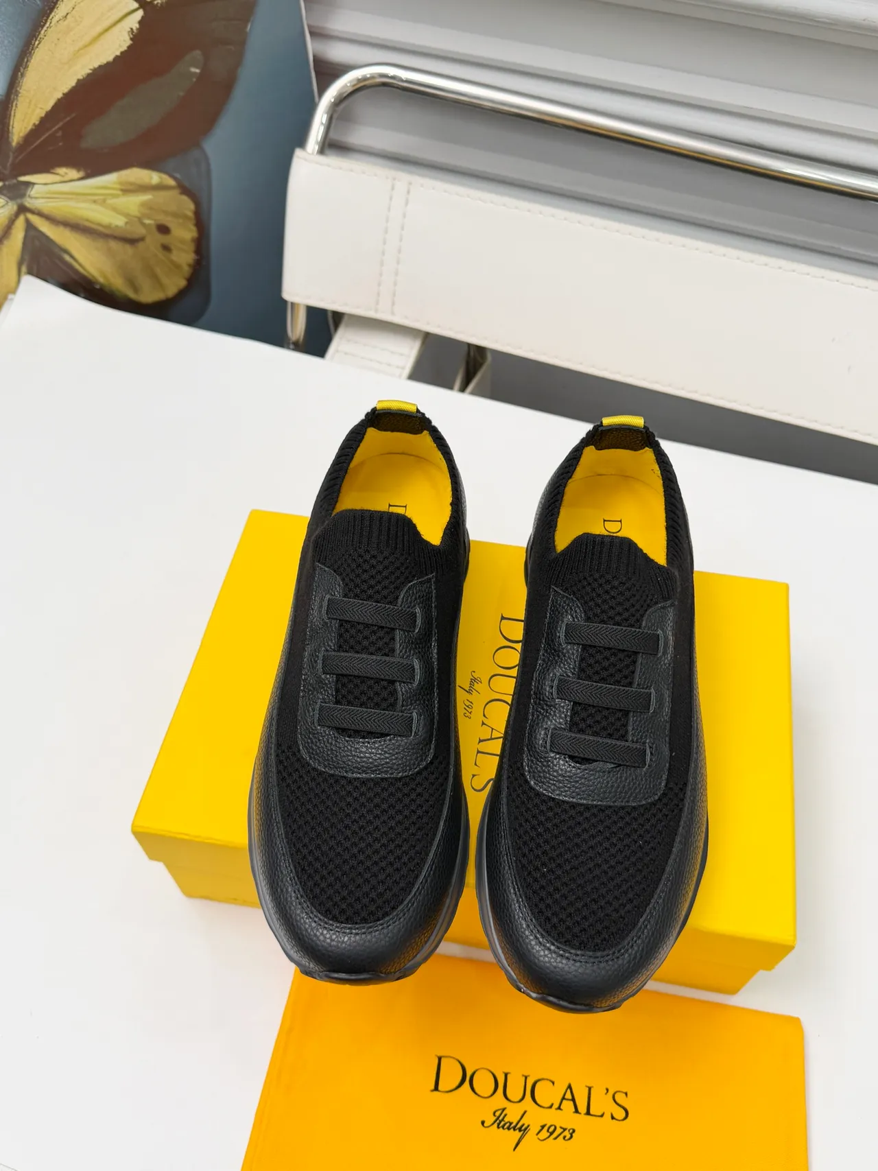 DOUCAL'S Black and Yellow Knit Collar Slip-On Lifestyle Sneakers 4