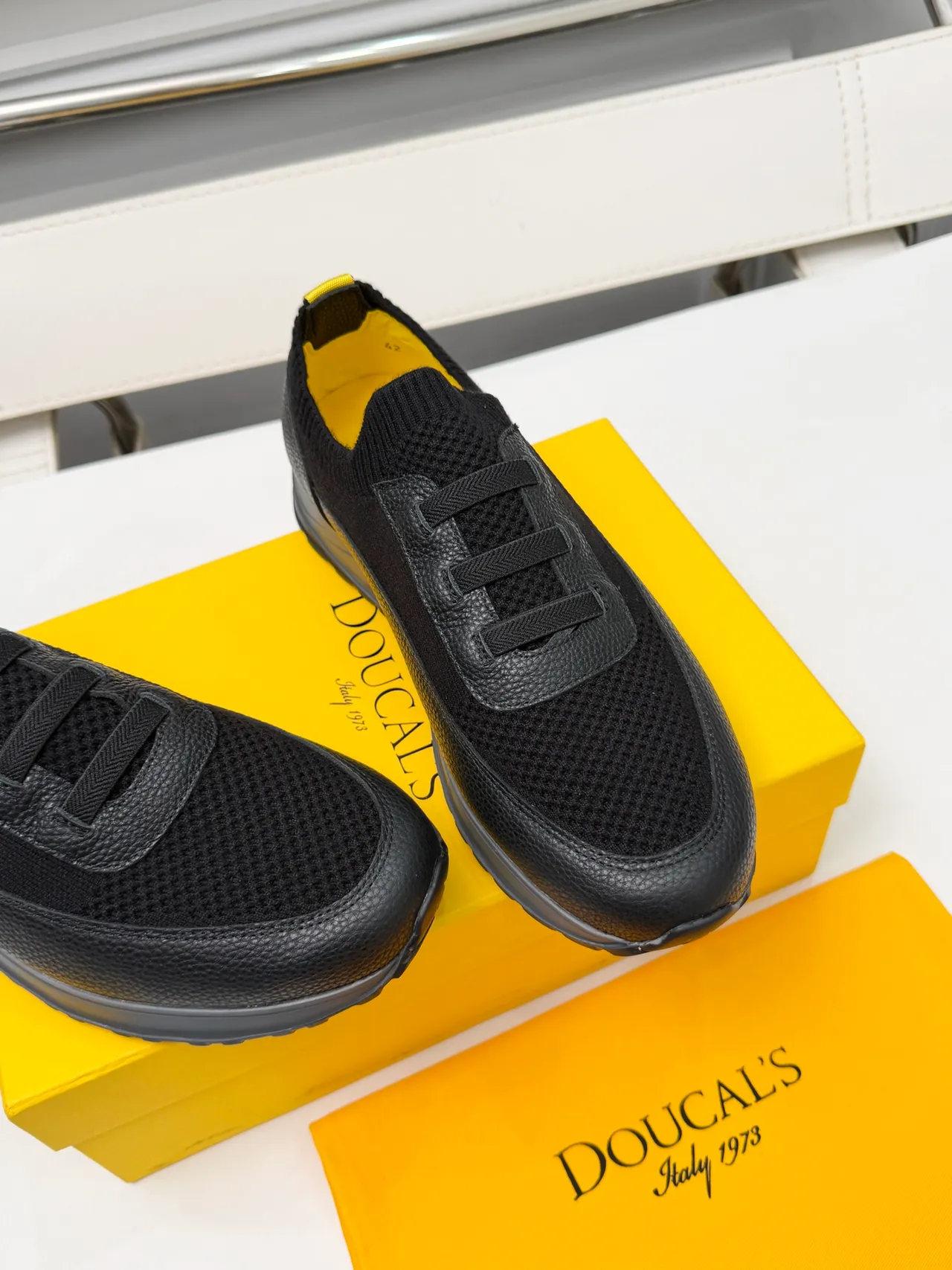 DOUCAL'S Black and Yellow Knit Collar Slip-On Lifestyle Sneakers 5