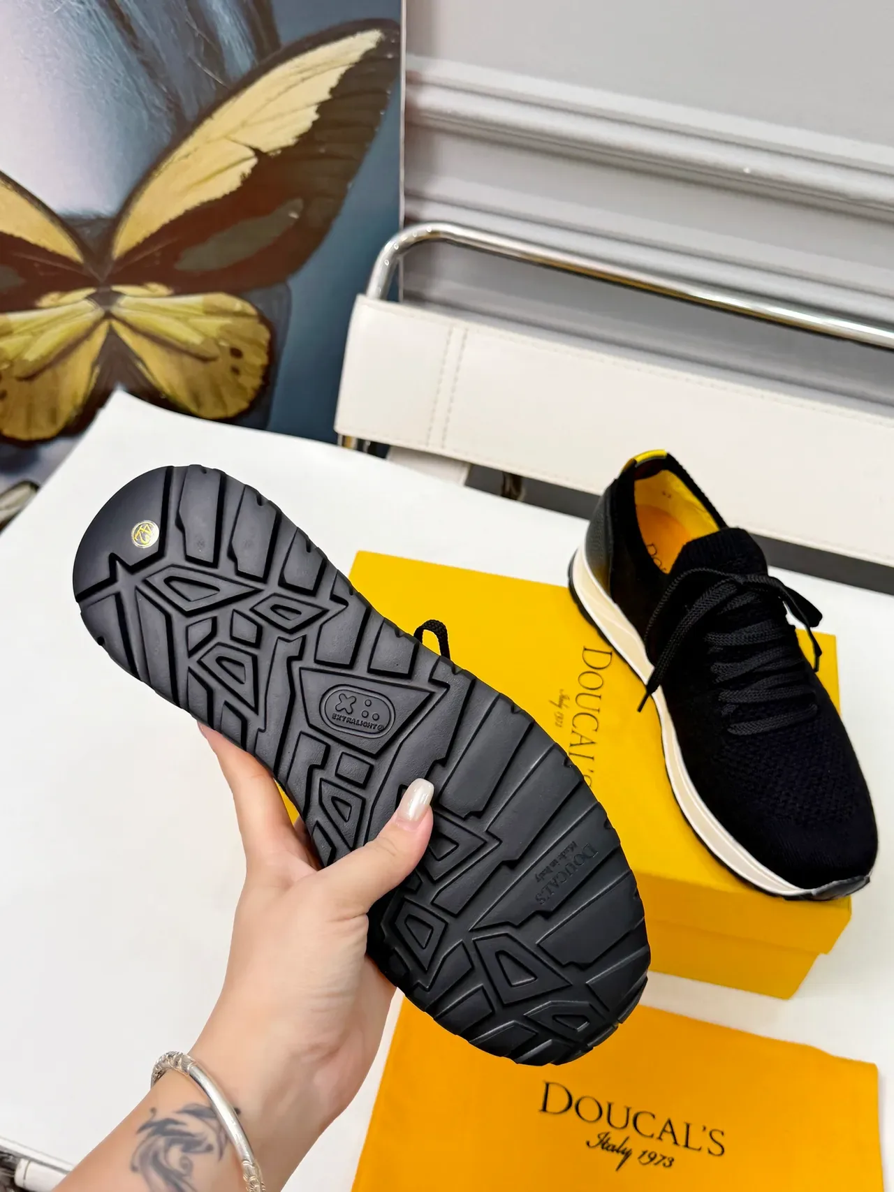 Doucal's Black Knit and Leather Lace-Up Lifestyle Sneakers 2