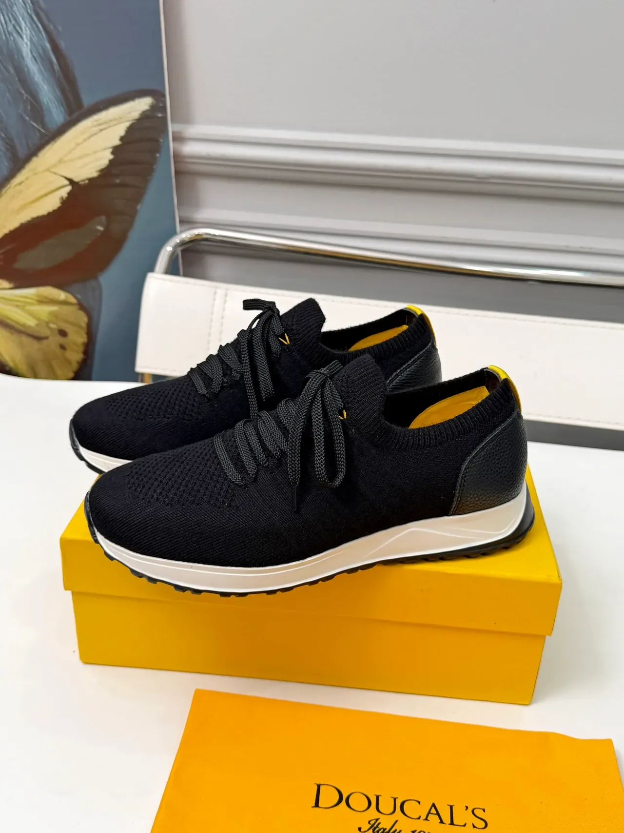 Doucal's Black Knit and Leather Lace-Up Lifestyle Sneakers 4