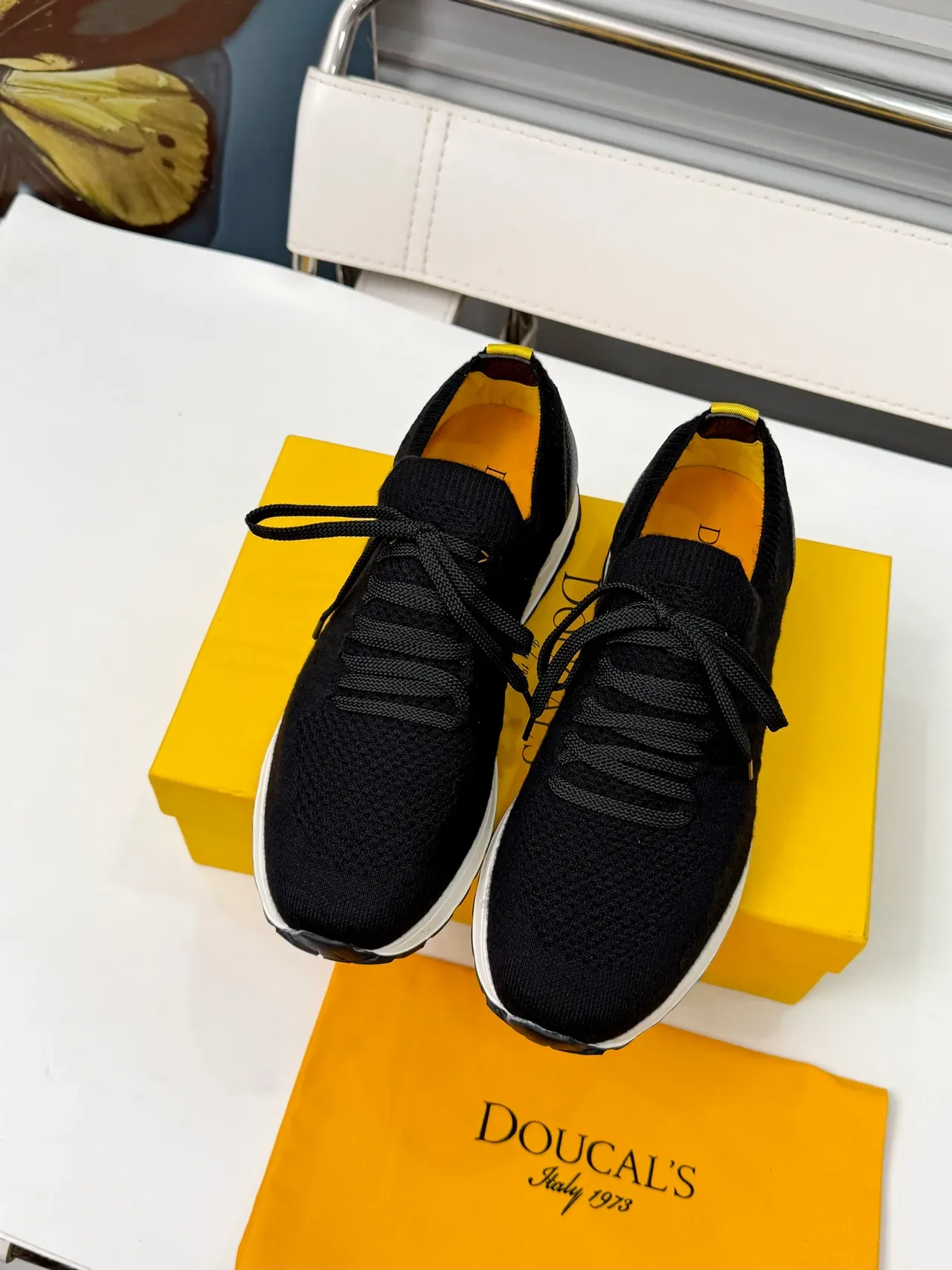 Doucal's Black Knit and Leather Lace-Up Lifestyle Sneakers 5