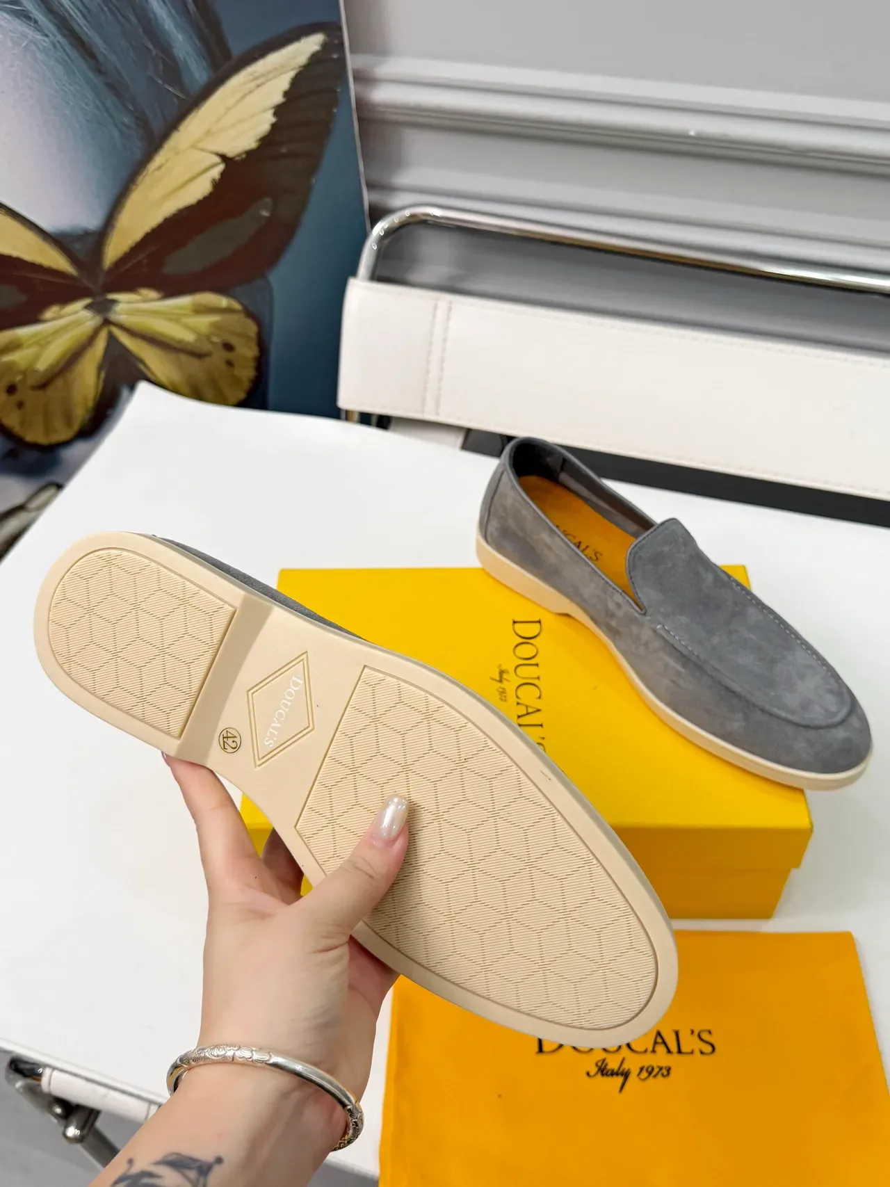 DOUCAL'S Gray Yellow Suede Upper Moc-Toe Stitching Loafer 2