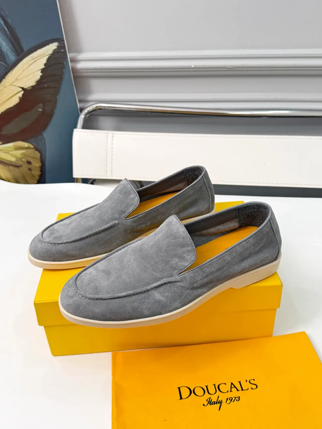 DOUCAL'S Gray Yellow Suede Upper Moc-Toe Stitching Loafer 4