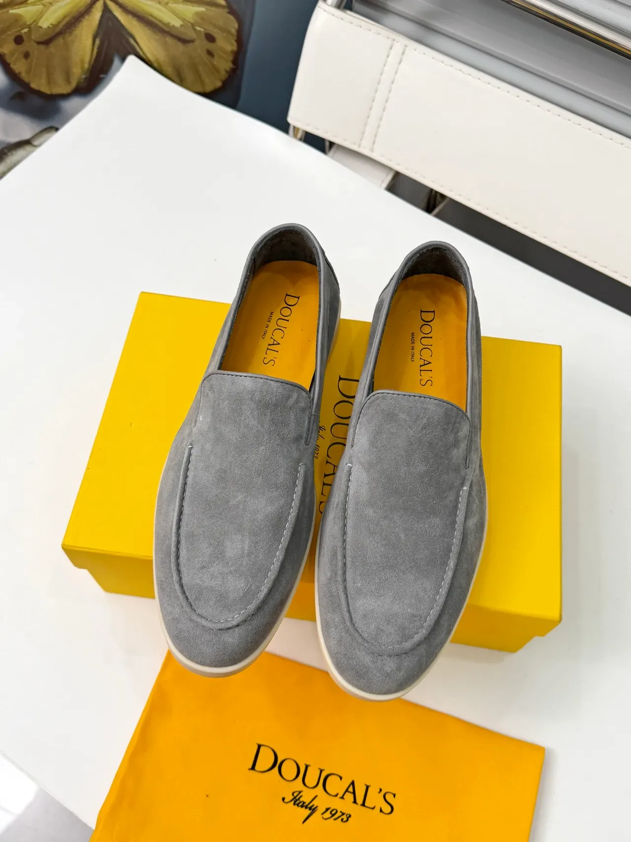 DOUCAL'S Gray Yellow Suede Upper Moc-Toe Stitching Loafer 5
