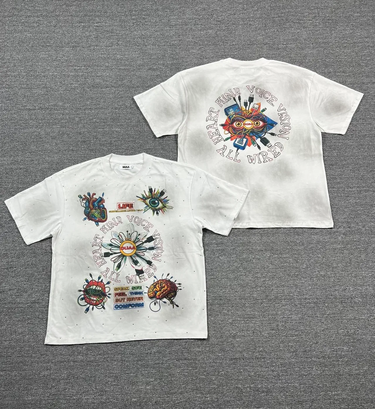 DUAA Graphic-Print Oversized Distressed White T-Shirt 4