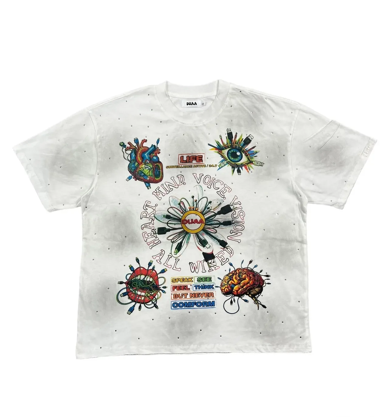 DUAA Graphic-Print Oversized Distressed White T-Shirt 9