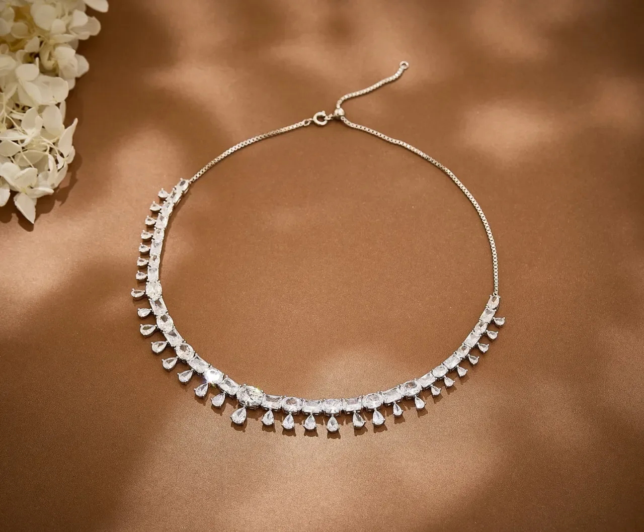 Emerald-Cut Green and Teardrop White Stone Fringe Necklace 6