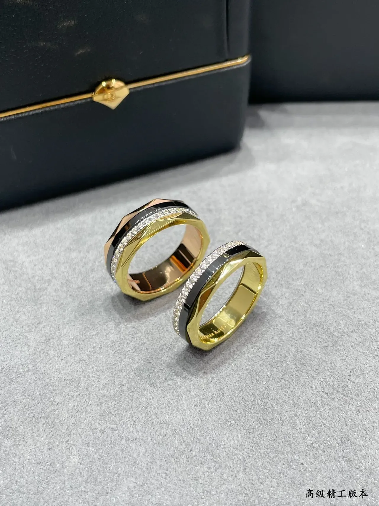 Faceted Geometric Pavé Diamond and Black Inlay Gold-Tone Ring 3