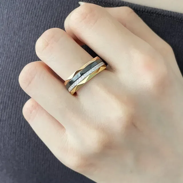 Faceted Geometric Pavé Diamond and Black Inlay Gold-Tone Ring 4