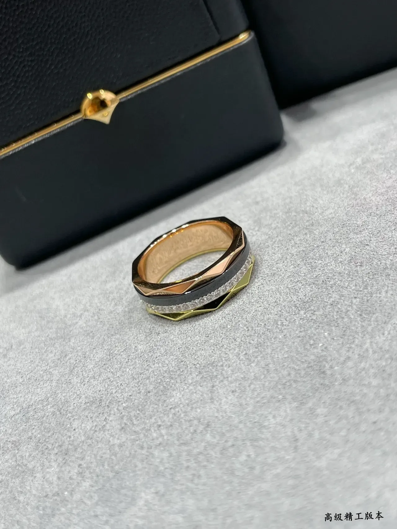 Faceted Geometric Pavé Diamond and Black Inlay Gold-Tone Ring 5
