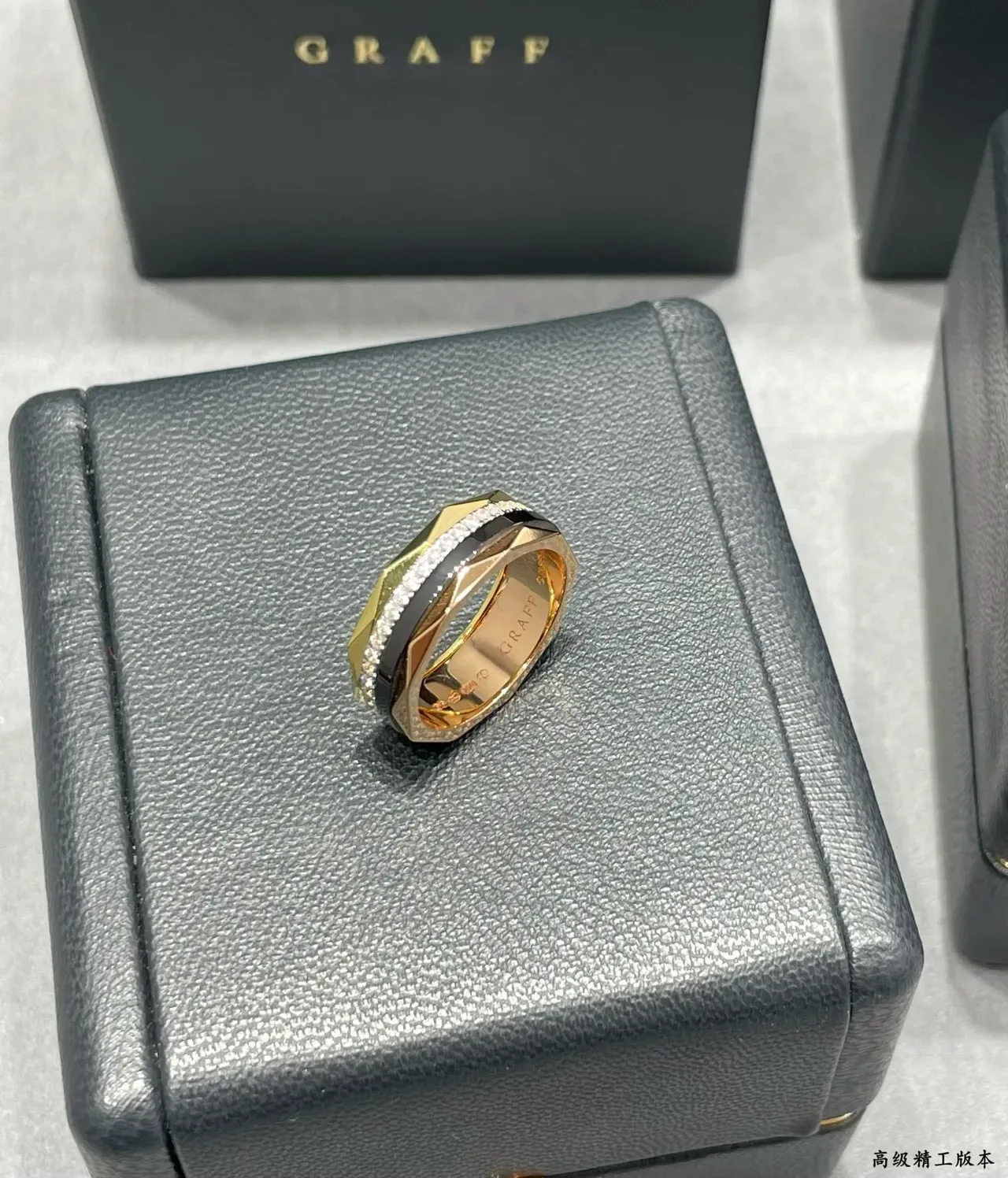 Faceted Geometric Pavé Diamond and Black Inlay Gold-Tone Ring 6
